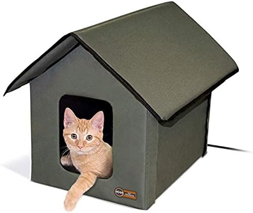 K&H Heated Cat House, Outdoor Kitty Shelter, Safety Listed, 20W, Olive