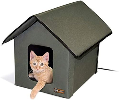 K&H Heated Cat House, Outdoor Kitty Shelter, Safety Listed, 20W, Olive