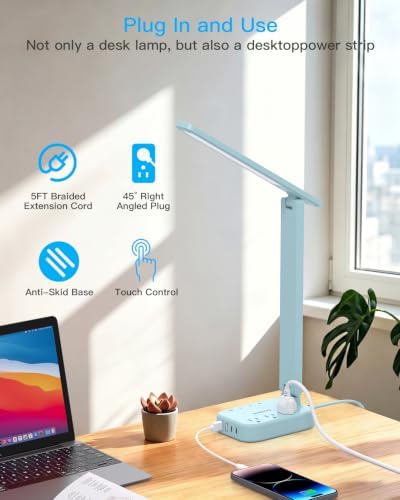 LED Desk Lamp, Power Strip with 4 USB 3 Outlets, Dorm Room Essentials, Blue