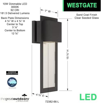 THE GREAT OUTDOORS 72382-66-L Westgate Outdoor Wall Mount, 1-Light, 10 Total Watts, 7-in H x 15.75-in W, Sand Coal Black