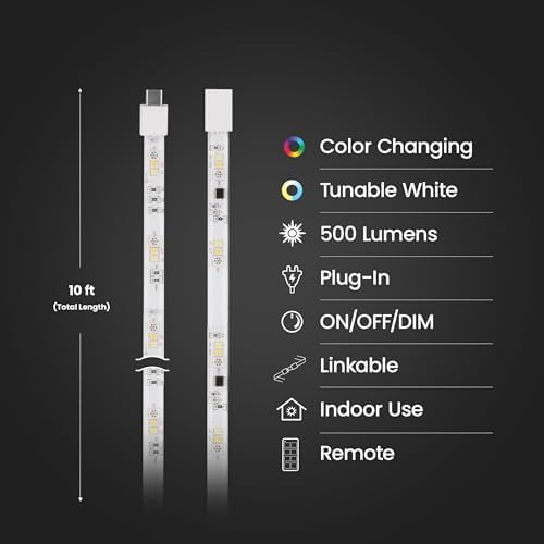 Feit Electric 10ft Chasing & Tunable White LED Tape Light, Dimmable, RGB Colors, Cut-to-Fit, Linkable up to 40ft, Slim 0.4in Width, Indoor/Outdoor Plug-In Light Strip, Remote Controlled, TAPE120/CHASE