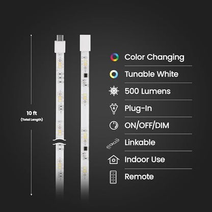 Feit Electric 10ft Chasing & Tunable White LED Tape Light, Dimmable, RGB Colors, Cut-to-Fit, Linkable up to 40ft, Slim 0.4in Width, Indoor/Outdoor Plug-In Light Strip, Remote Controlled, TAPE120/CHASE