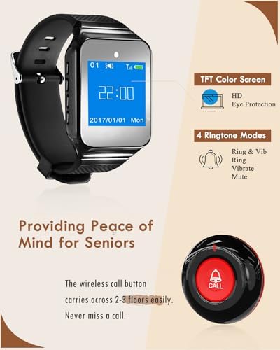 CallToU Wireless Caregiver Pager Smart Call Button Vibration System 500+ ft Nurse Call Bell Alert System for Elderly Monitoring Clinic/Medical Institution/Nursing Home 1 Wrist Receiver 5 SOS Buttons