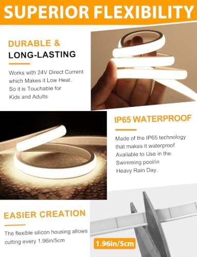 COB LED Strip Lights, Natural White Dimmable with Remote, 19.6ft