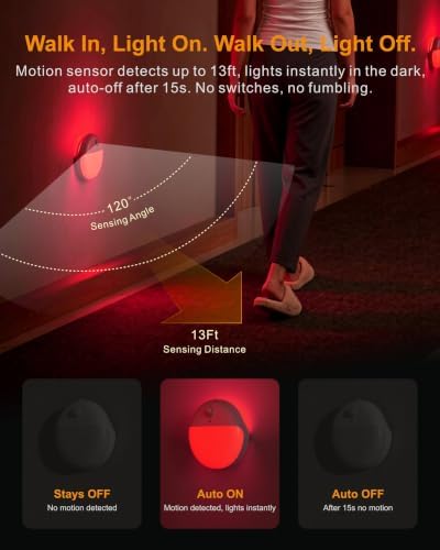 YUNLEX Red Night Light Battery Operated Motion Sensor, Nightlights 1-10lm