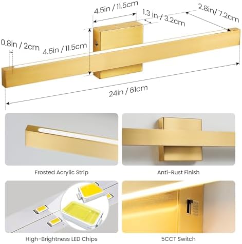 Gold Bathroom Vanity Light - 24 Inch 20W Dimmable 5CCT LED Bathroom Light Fixtures Over Mirror, Modern Vanity Light Bar for Bathroom Mirror Cabinets Bedroom