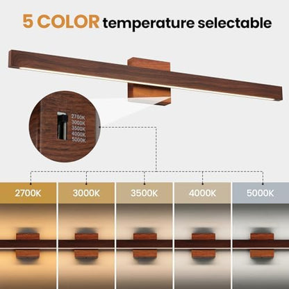 Modern Bathroom Light Fixtures Over Mirror, 32 Inch Brown Wood Finish Vanity Light Bar 26W Dimmable 5CCT LED Vanity Lights for Bathroom Wall Lighting Fixtures Over Mirror