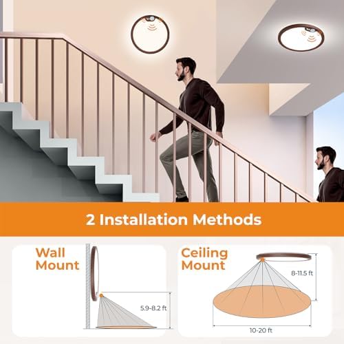 BLNAN Motion Sensor Ceiling Light Wired, 8.7 Inch 3000K 4000K 5000K Selectable LED Flush Mount Light Fixture, Motion Activated Light with Timer for Hallway Stair Walk-in Closet, Non-Dimmable - Walnut