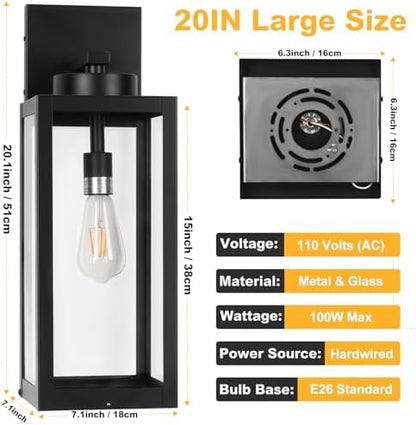 20" Black Large Outdoor Wall Lights with Closed Bottom, Front Porch Lights