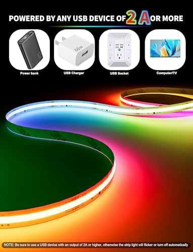 PAUTIX RGB Smart IC COB LED Strip Light USB 5V 6.56ft/2m,Work with Alexa/Google Assistant,Color Chasing UL-Listed Multicolor Flexible Tape LED Strip Light,for Cabinet,TV,Bedroom,Party DIY Decoration