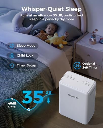 Trazico 30 Pint Dehumidifier for Basement with Drain Hose Up to 2000 Sq.ft