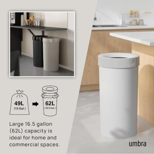 Umbra Vento Kitchen Trash Can, Open Top 16.5 Gallon Garbage Can, Grey