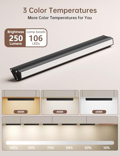 Under Cabinet Lighting Wireless, 2400mAh Rechargeable Cabinet Light, Battery Operated, Magnetic, Stick on, 106 LED 3-Color Shelf Lights, dimmable, with Remote Control(Black, 2-Pack, 12.2 inch