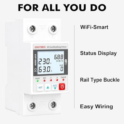 WiFi Smart Energy Meter AC 63A 220VAC, WiFi Earth Leakage Over Under Voltage Protector, Circuit Breaker Din Rail, Electricity Energy Monitor APP Remote Control Smart Life