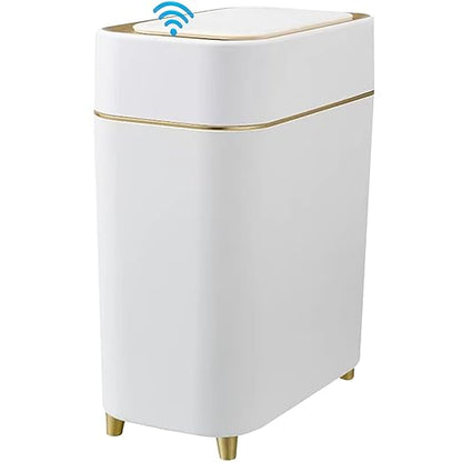 Yatmung Motion Sensor Trash Can Bathroom Automatic Touchless Lid - Sensor Garbage Can - Bathroom, Bedroom, Kitchen, Laundry Room, Small Spaces - Compact Smart Trash Bin - White with Gold Edge, 1Pack