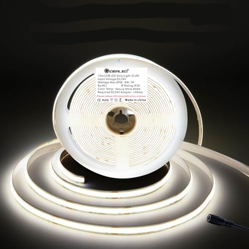 GIDEALED 32.8ft 24V COB LED Strip Light 4000K,Daylight White LED Strip COB,High Density Uniform Flexible FCOB LED Light Strip Under Cabinet Lighting,Don't Include Power Supply and LED Controller