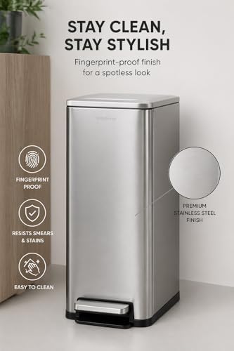 Step N’ Sort Slim Dual Recycling Bin 43L (2 x 21.5L) – Soft Close Kitchen Trash Can – Space Saving Stainless Steel – Removable Buckets
