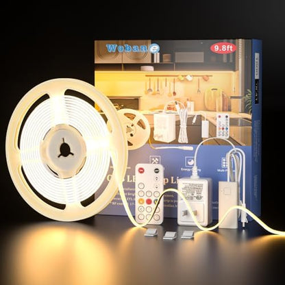 WOBANE 9.8ft COB LED Strip, Dimmable Under Cabinet Lighting with RF Remote