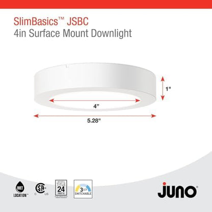 Juno Slim Basics 4 Inch LED Ceiling Light, Low Profile Surface Mount Downlight for Shower or Closet Lighting, 3000K/4000K/5000K Selectable White Light, Edged Trim, Wet Rated, Matte White, 6 Pack