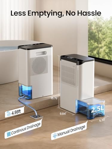 Dehumidifiers for Home, 2.5L Tank, 35dB Quiet, Continuous Draining Hose