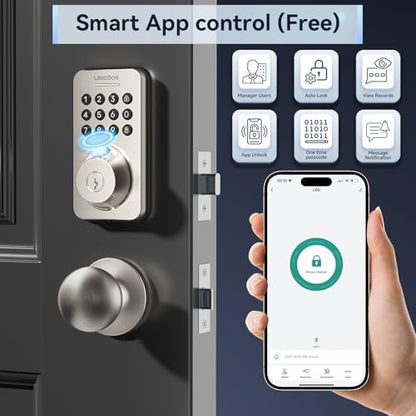 Ulecoce Fingerprint Keypad Deadbolt with Handle Set, Keyless Entry Door Lock, Door Locks for Front Door Lock Set, App Control, Auto Locking, Easy to Install, Satin Nickel