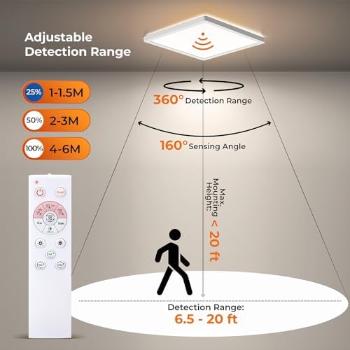 BLNAN Dimmable Motion Sensor LED Ceiling Light with Remote Control, 12 Inch 24W 2400LM Radar Motion Activated Flush Mount Wired Light Fixture for Closet Hallway Laundry Porch Stair, 3000K 4000K 5000K