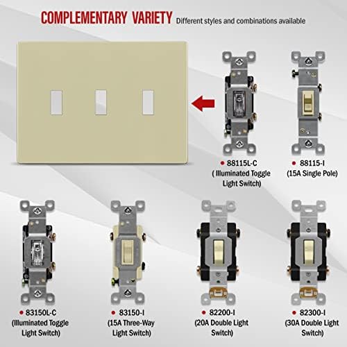 ENERLITES Screwless Triple Toggle Light Switch Wall Plate Cover, Ivory