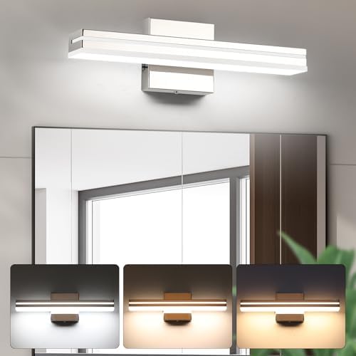 SineRise LED Modern Bathroom Vanity Light Fixtures (16-Inch, 3000K/4000K/6000K, Dimmable), Chrome Modern Acrylic Bathroom Wall Lighting Fixtures Over Mirror