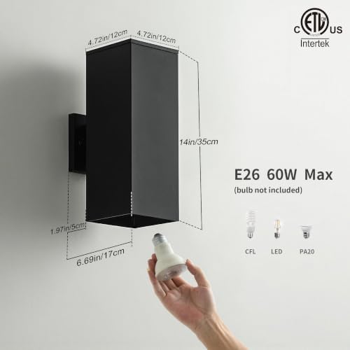 mirrea 14" Modern Outdoor Porch Light in 2 Lights, Matte Black, 2 Pack