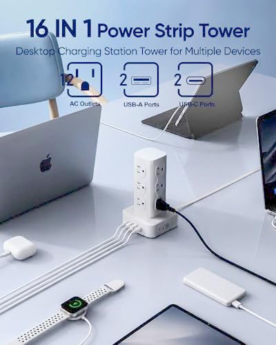 Power Strip Tower Surge Protector(2000J), Flat Plug Charging Station Tower with 12 AC Outlets & 4 USB Ports(2 USB C), 6FT Extension Cord for Home Office Dorm, White