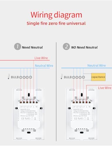 Wifi Smart Wall Switch Press Key Compatible Compatible with Alexa,Google Assistant,No Neutral line Needed and Neutral line Needed Dual Mode,EU,10A (2 Keys)