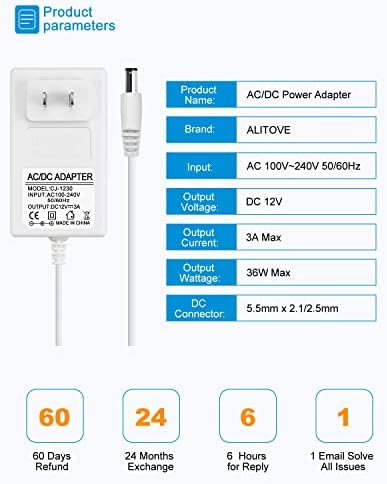 ALITOVE 12V Power Supply White 3A 36W AC Adapter 100-240V 50-60Hz to DC 12 Volt Power Cord 2A 1.5A 1A 5.5mmx2.5mm 2.1mm for LED Strip Light Lamp Digital Picture Frame Monitor Camera Router (Pack of 2)