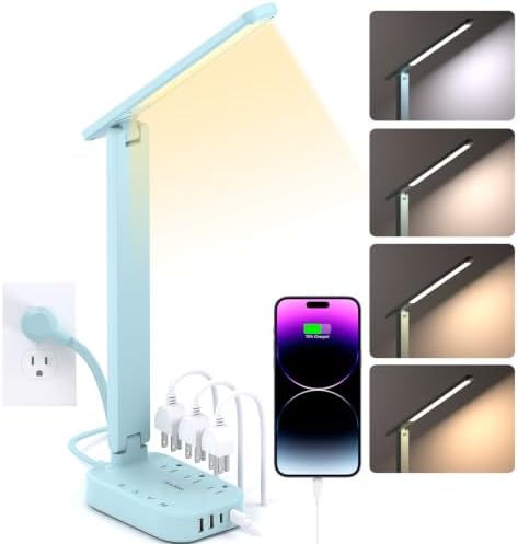 LED Desk Lamp, Power Strip with 4 USB 3 Outlets, Dorm Room Essentials, Blue