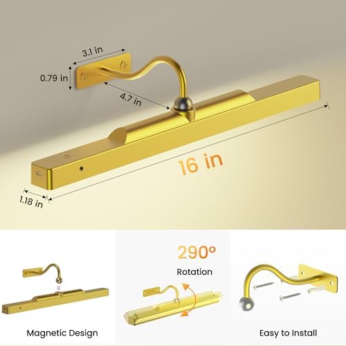 Lights for Pictures on Wall, 16in Battery Operated Picture Lights for Paintings, 5000mAh Wall Lights with Remote and 3 Light Modes,Art Light for Wall Painting,Frame, Portrait, Dartboard - Gold