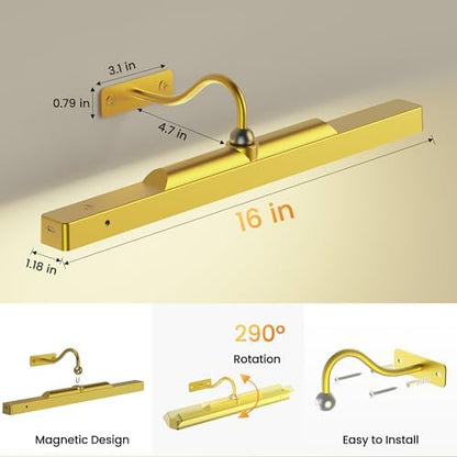 Lights for Pictures on Wall, 16in Battery Operated Picture Lights for Paintings, 5000mAh Wall Lights with Remote and 3 Light Modes,Art Light for Wall Painting,Frame, Portrait, Dartboard - Gold