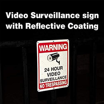 Video Surveillance Sign, No Trespassing Sign, Metal Reflective Warning Sign, 10 x7 Inches 0.40 Aluminum, (2 Pack) Fade Resistant, UV Protected, Waterproof, Indoor or Outdoor Use for Home Business CCTV