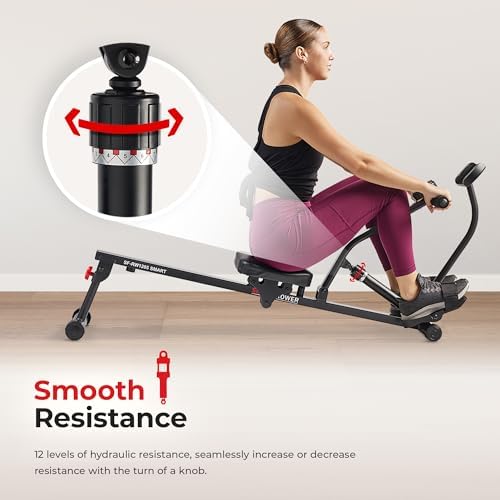 Sunny Health & Fitness Compact Hydraulic Rower with 12-Level Resistance | Full-Body Cardio, Joint-Friendly, Lightweight & Portable, Quiet & Smooth Row, Easy-Assembly, Free SunnyFit App