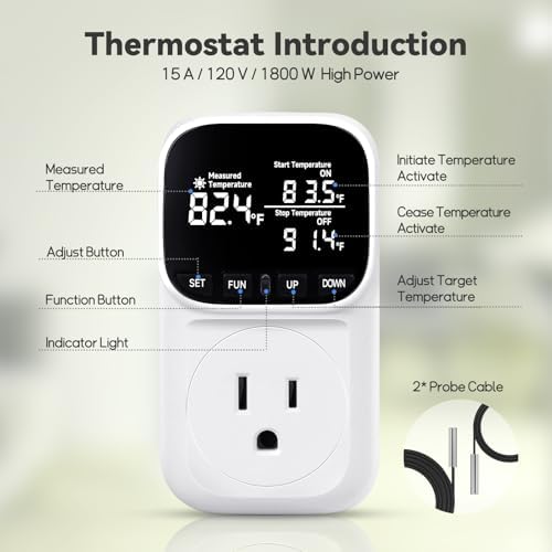 1800W Digital Thermostat for Reptile Tank, -40℉~210℉, Plug in Thermostat for Heater/Greenhouse with 5m/2m Cable, 15A Temperature Controlled Outlet with VA Display, Temp ±0.1°F, White