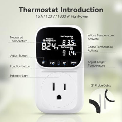 1800W Digital Thermostat for Reptile Tank, -40℉~210℉, Plug in Thermostat for Heater/Greenhouse with 5m/2m Cable, 15A Temperature Controlled Outlet with VA Display, Temp ±0.1°F, White