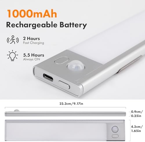 2 Pack Under Cabinet Lighting, 3 Colors & Dimmable Motion Sensor Light Indoor, 900mAh Rechargeable Under Cabinet Lighting Magnetic for Kitchen, Stairs, Closets, Silver(Aluminum Alloy+ABS +PC)