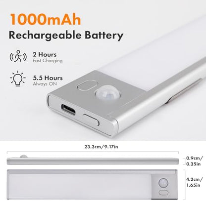 2 Pack Under Cabinet Lighting, 3 Colors & Dimmable Motion Sensor Light Indoor, 900mAh Rechargeable Under Cabinet Lighting Magnetic for Kitchen, Stairs, Closets, Silver(Aluminum Alloy+ABS +PC)