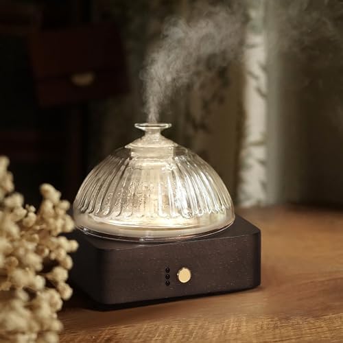 Glass Dome Essential Oil Diffuser with Glass Reservoir & Wood Base-Plastic Free, 200ml Ultrasonic Diffuser for Aromatherapy with Timer 7 Color Light Auto-Off for Home Office Yoga Dark Brown