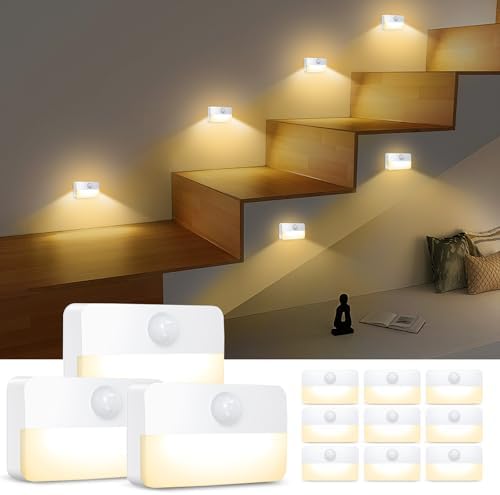 AMIR 12 Pack Motion Sensor Stair Lights for Indoor, Battery-Operated LED Night Light, 40 Lumen 3000K, Cordless Closet Light, Tap Light, Safe Lights for Stairs, Hallway, Bathroom, Cabinet, Kitchen