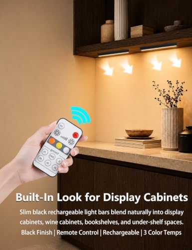 Under Cabinet Lighting Wireless, 2400mAh Rechargeable Cabinet Light, Battery Operated, Magnetic, Stick on, 106 LED 3-Color Shelf Lights, dimmable, with Remote Control(Black, 2-Pack, 12.2 inch