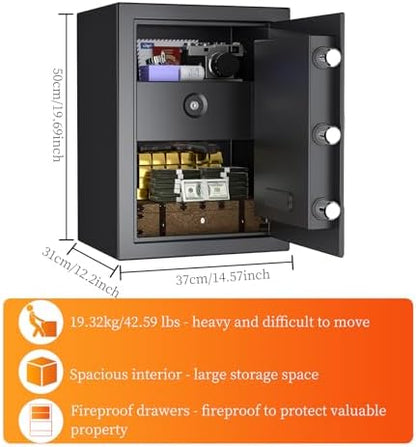 WASJOYE Fireproof Cabinet Safe Box - 2.5 Cubic Feet Home Security Safes with Fireproof Lock Drawer, Smart Cabinet Safe Box Safety Key Lock Type-C Port Alarm System for Home Office Hotel Storage