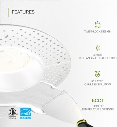 ASD 6 Inch Trimless LED Recessed Ceiling Light Fixture, Mud-in Canless Downlight with Junction Box, 5CCT 2700K-5000K, 24W 2075 Lumens, CRI90+, Anti-Glare, Dimmable, IC & Wet Rated, ETL, 12 Pack