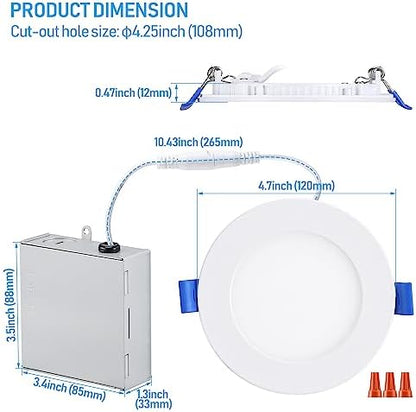 TORCHSTAR 12-Pack 4 Inch Ultra-Thin LED Recessed Light, 10W, 2700K