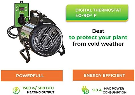 BioGreen Electric Greenhouse Heater & Fan with Digital Thermostat PALMA | 1500 Watts, 5100 BTU/hr | 5800 ft³/h Air Circulation -58 to 210.2°F | Stainless Steel | Spraywater Proof