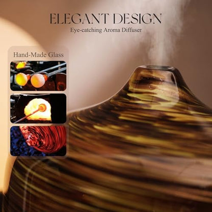 Porseme 500ml Glass Essential Oil Diffuser Aromatherapy Ultrasonic Cool Mist Humidifier 15-21 Running Hours Waterless Auto-Off Air Diffusers for Sleeping Yoga Working Spa(Dark Golden)