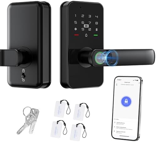 WiFi Keyless Entry Door Lock with Handle,Door Locks for Front Door,Deadbolt | Fingerprint Door Knob, Keypad Deadbolt with App Remote/WiFi/Key/IC Card/ Passcode, Smart Lock & Front Door Handle-Black